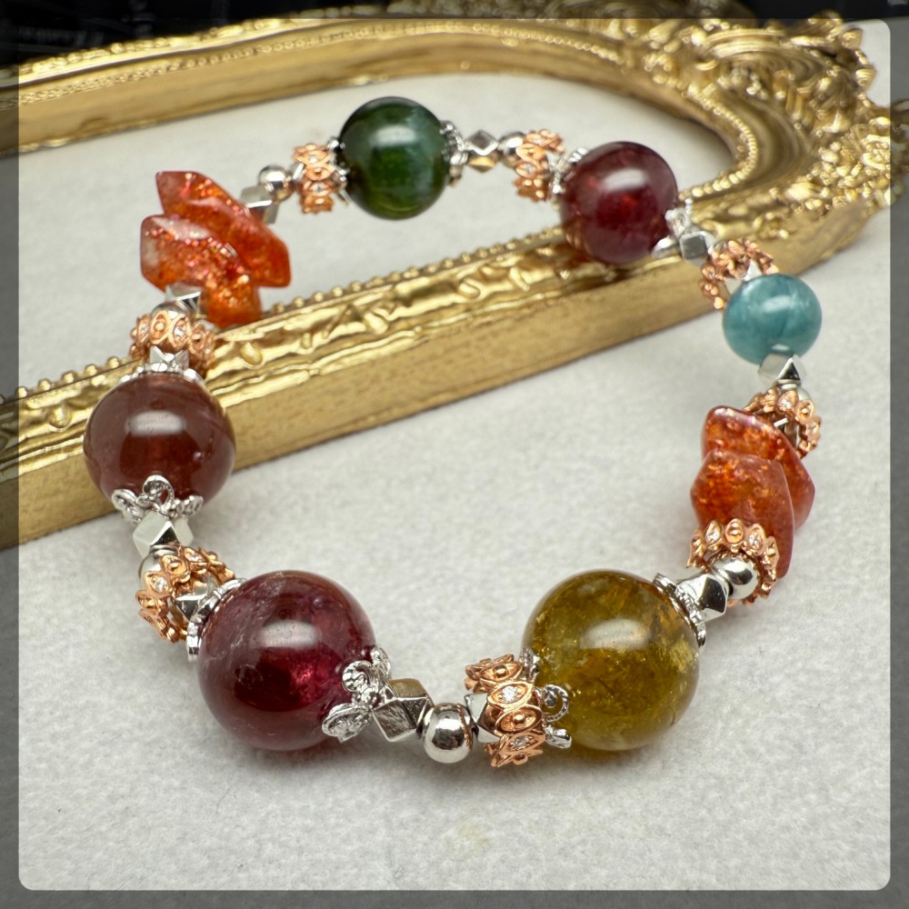 Tourmaline mix Sunstone and Kyanite Bracelet