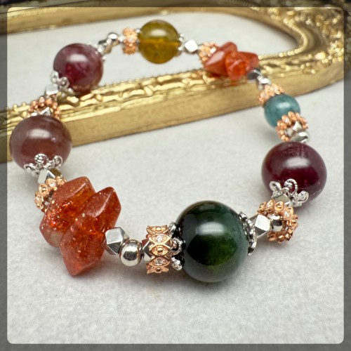 Tourmaline mix Sunstone and Kyanite Bracelet